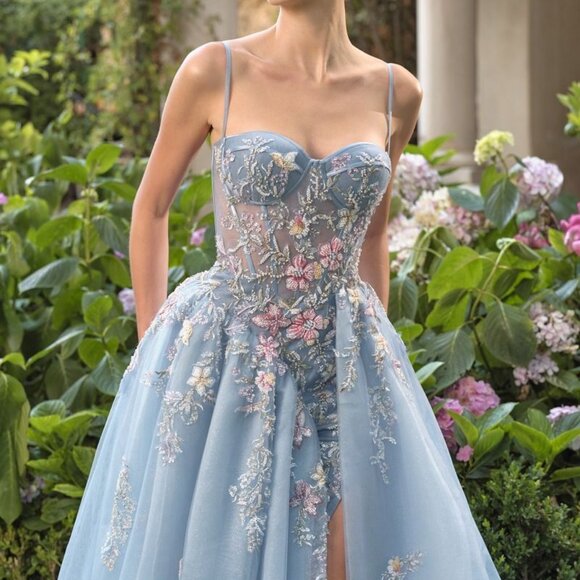 Blue formal prom dress.Party evening gala pageant floral corset wedding guest - Picture 3 of 6